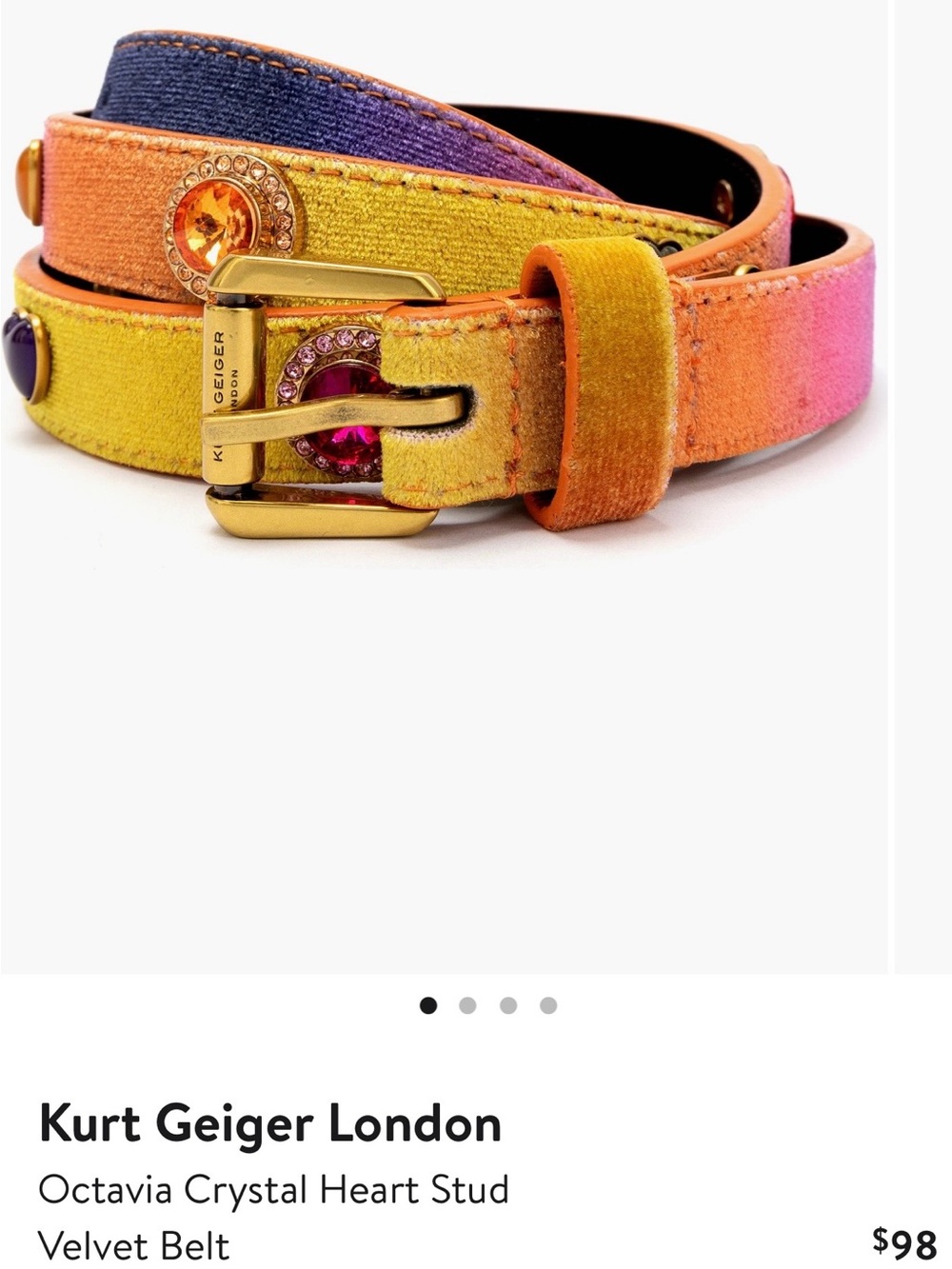 Kurt Geiger Ombre Velvet Jewel-Studded Belt in Pink, Orange, Yellow, Purple Sm/M